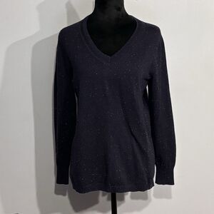 Talbots | Women’s Navy Speckled V neck Pullover Knit Sweater Sleeve Buttons Mp